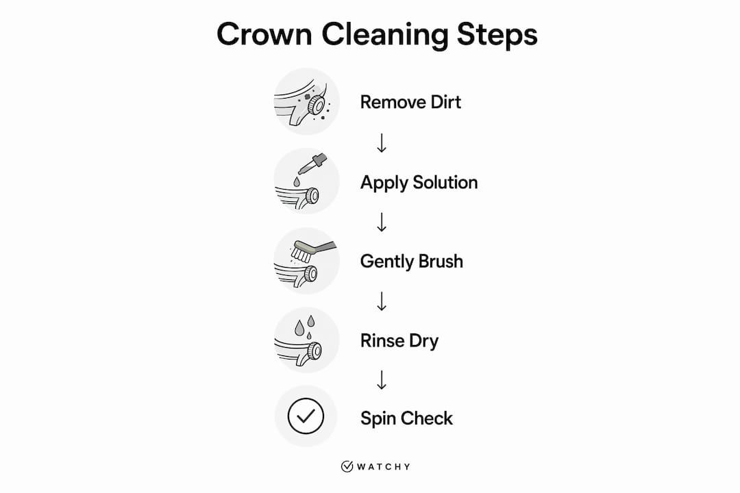 Infographic showing step-by-step watch crown cleaning process