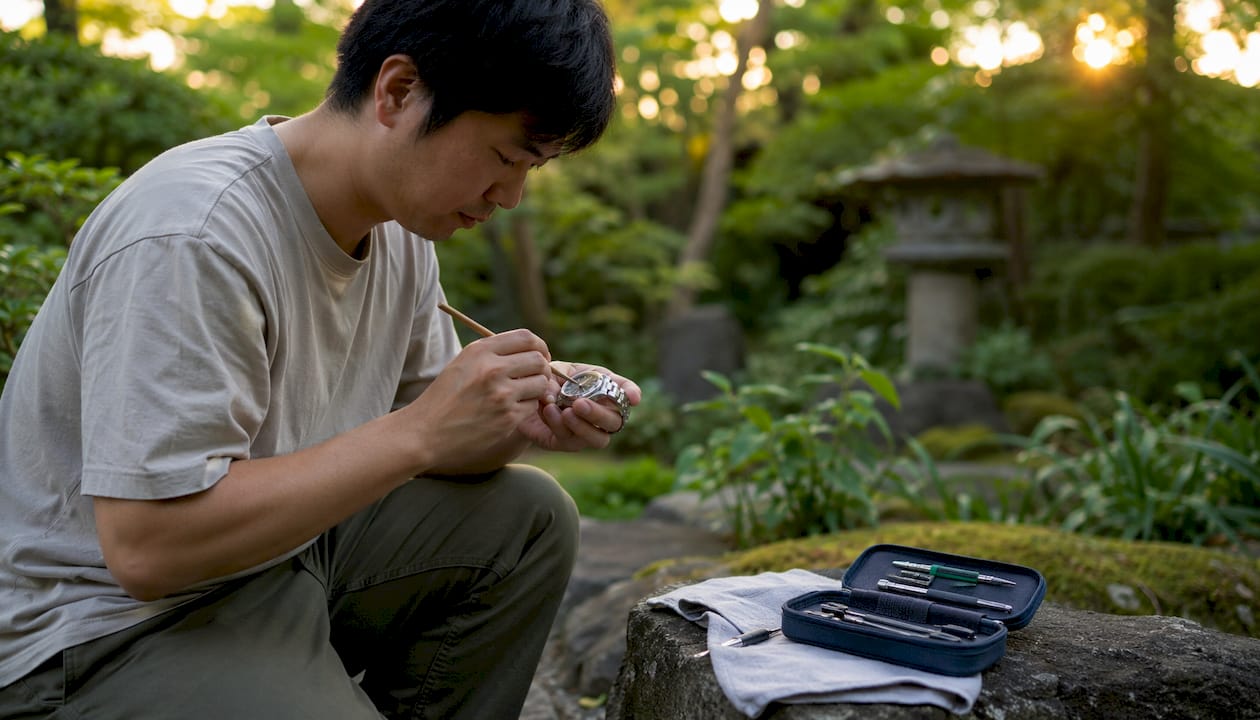 Person polishing watch case at home