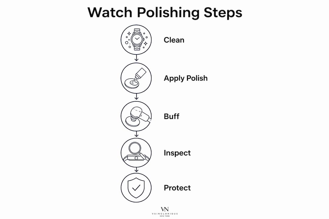 Infographic showing five steps to polish watch case safely