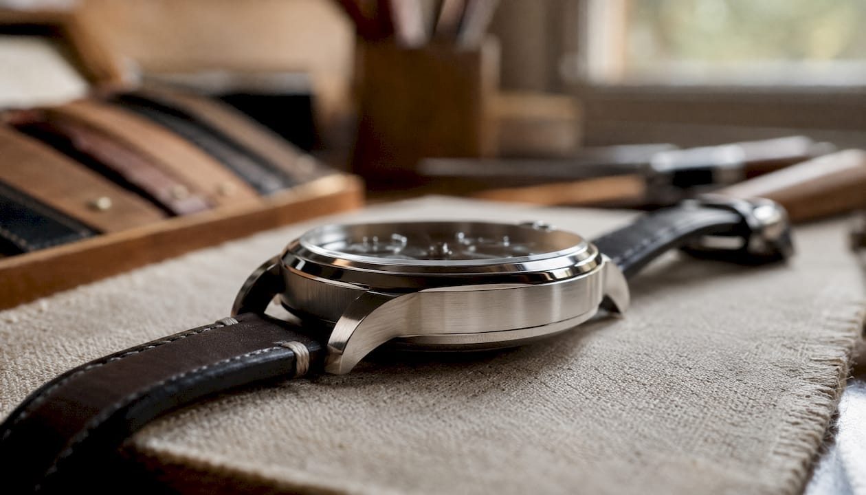 Luxury wristwatch case with mixed polished and brushed finishes