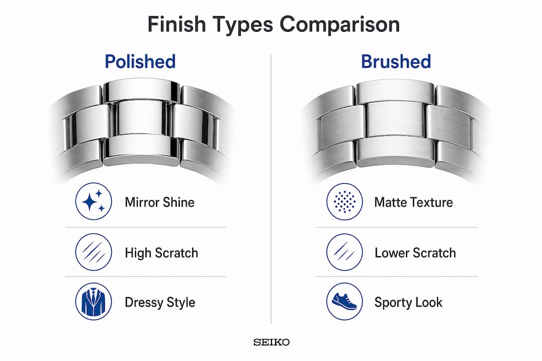 Infographic comparing polished and brushed watch finishes