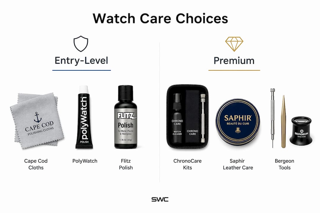 Infographic comparing entry-level and premium watch care products