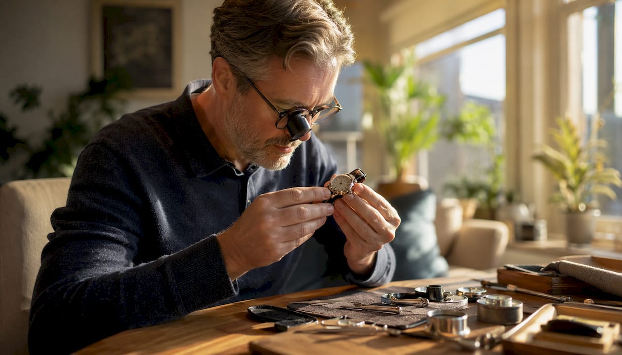 Collector closely inspecting vintage watch dial