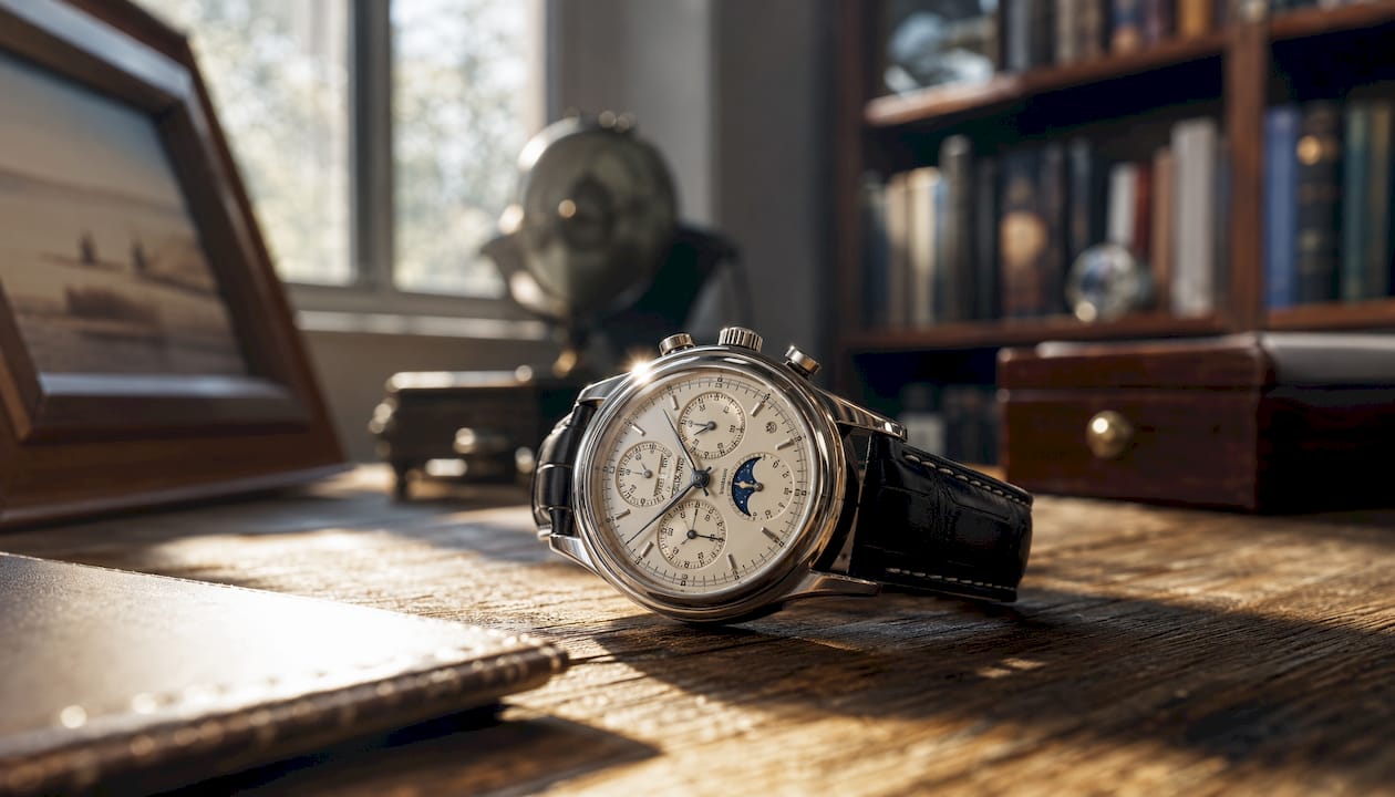 Luxury grand complication watch on marble display