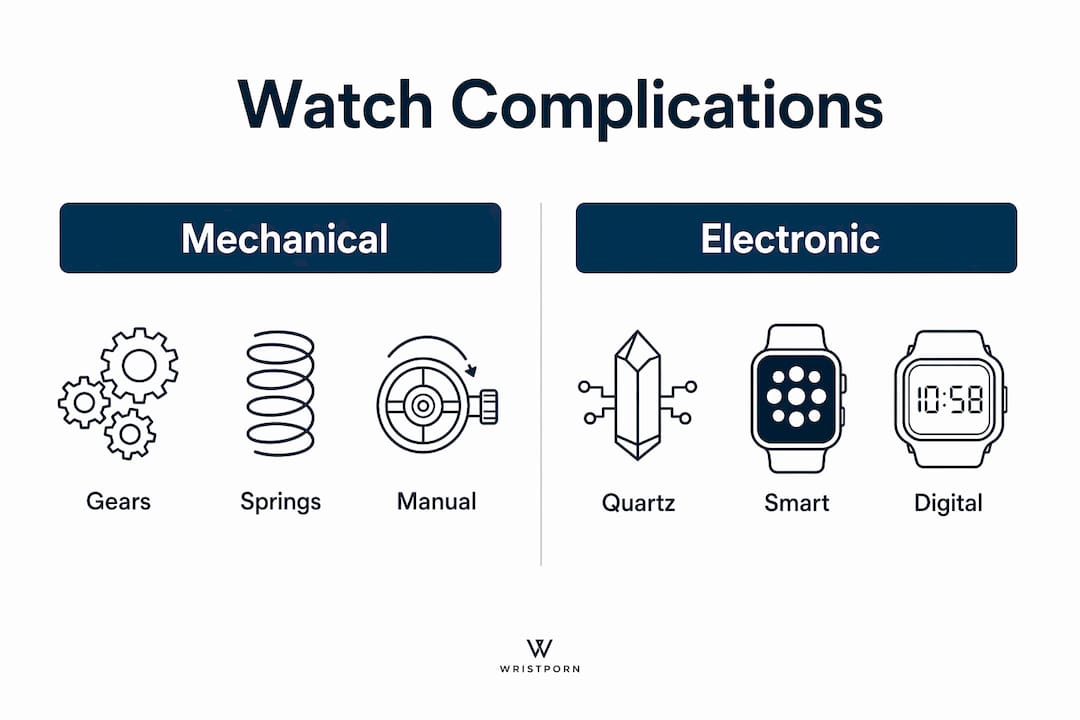 Infographic showing mechanical vs electronic watch complications