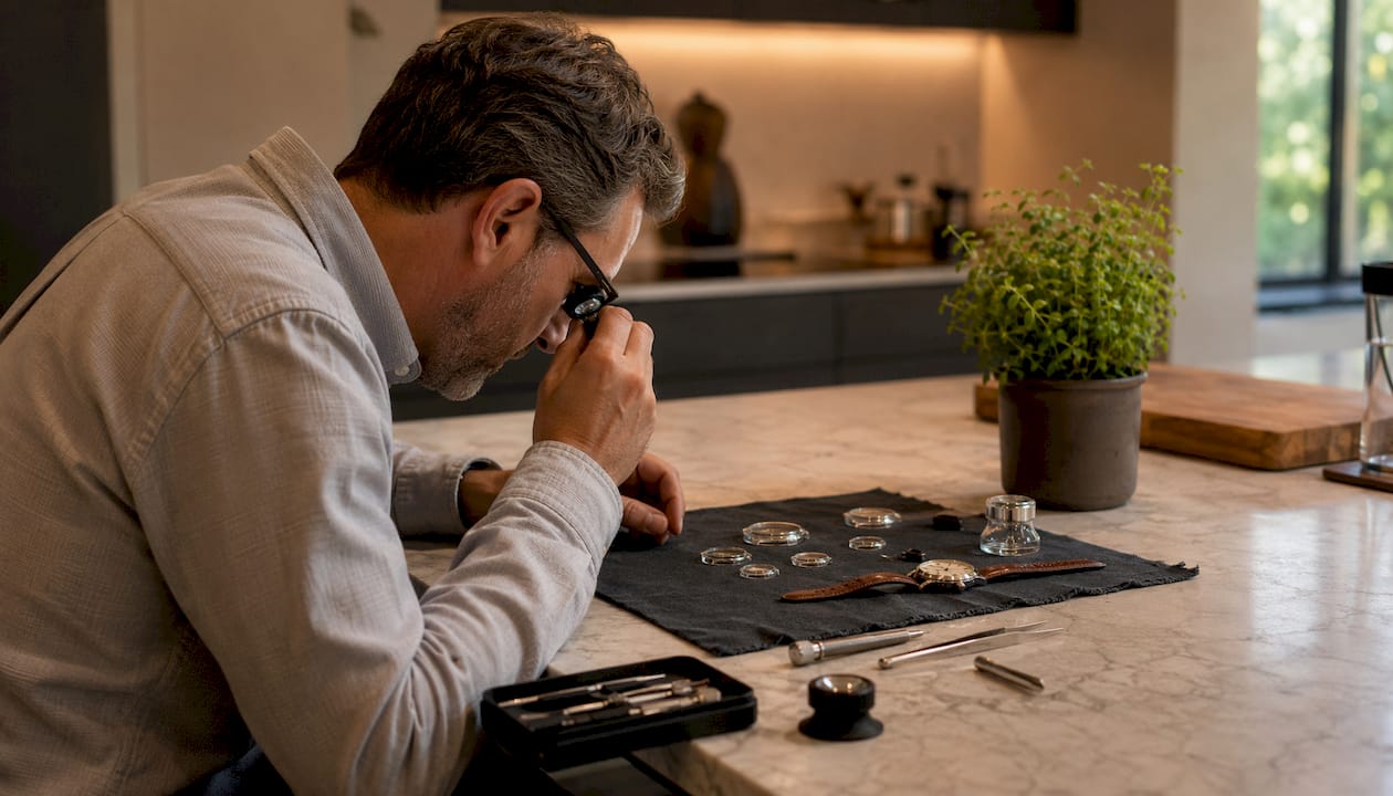 Watch enthusiast examining watch crystals carefully
