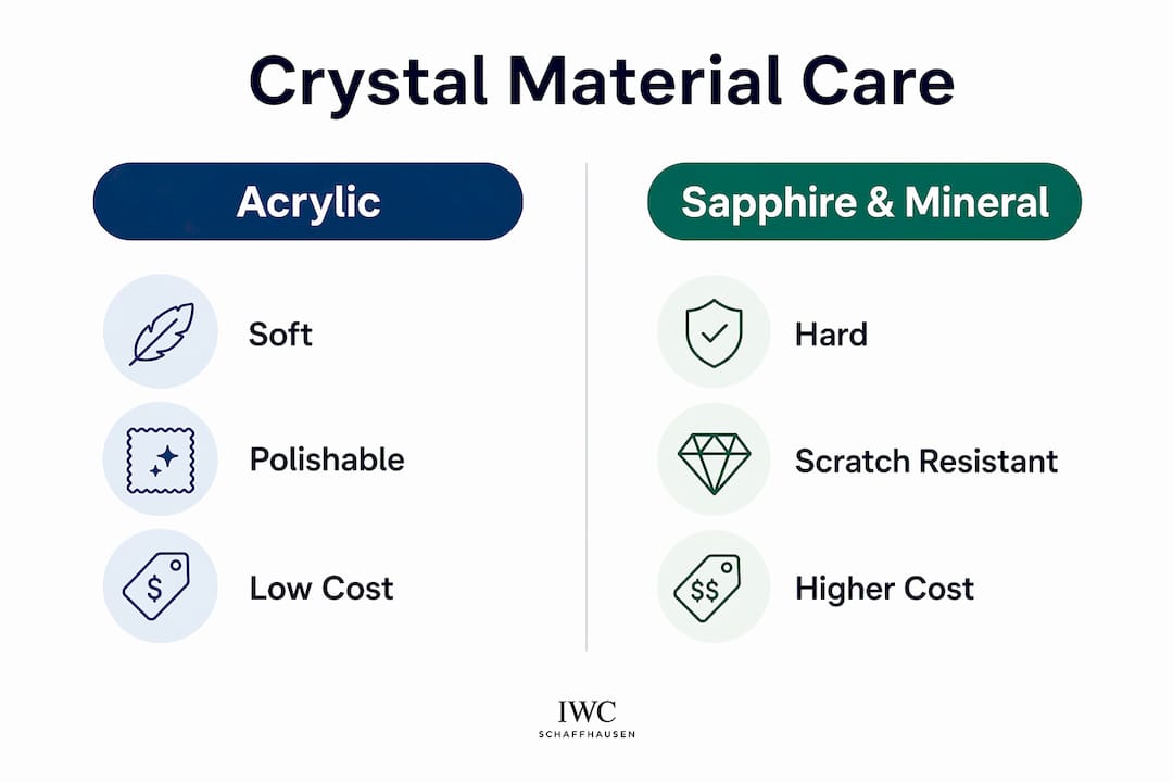 Infographic comparing acrylic versus sapphire watch crystals
