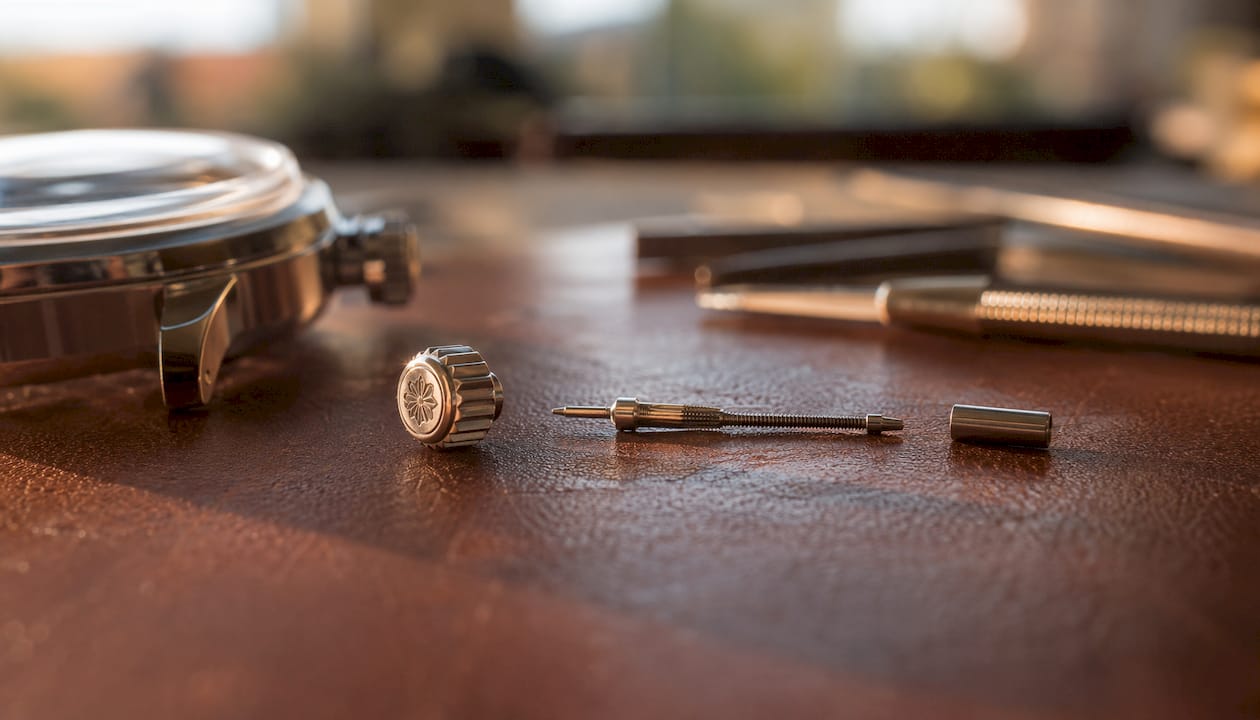 Macro shot of crown, stem, and tube watch parts