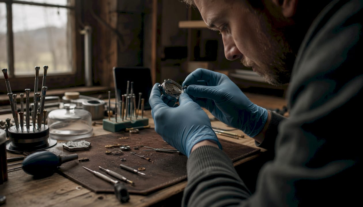 Watchmaker examining gasket stack behind crown