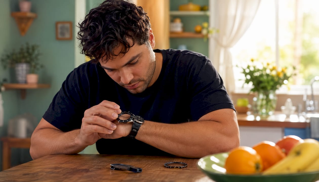 Man installing silicone bezel bumper on wristwatch