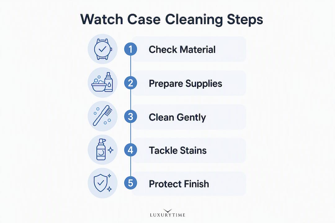 Infographic showing watch case cleaning steps