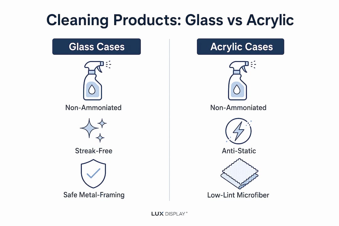 Infographic comparing cleaning products for glass and acrylic display cases