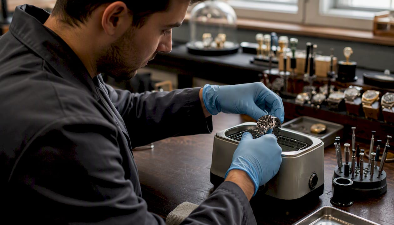Hands placing luxury watch in ultrasonic cleaner