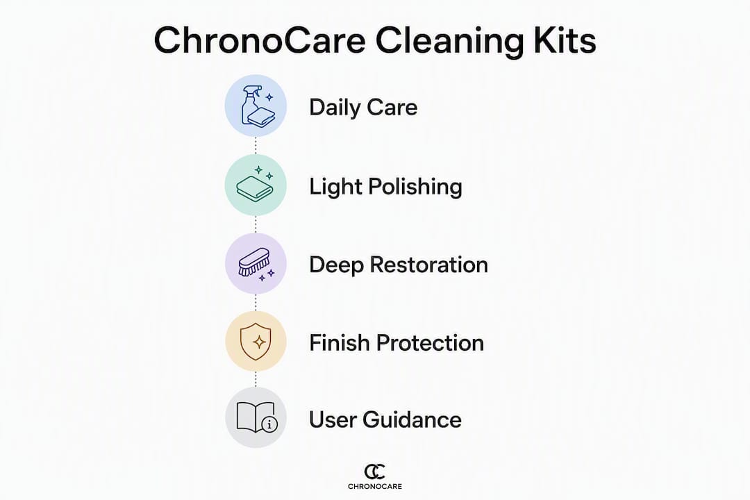 Infographic showing ChronoCare watch cleaning kits and uses