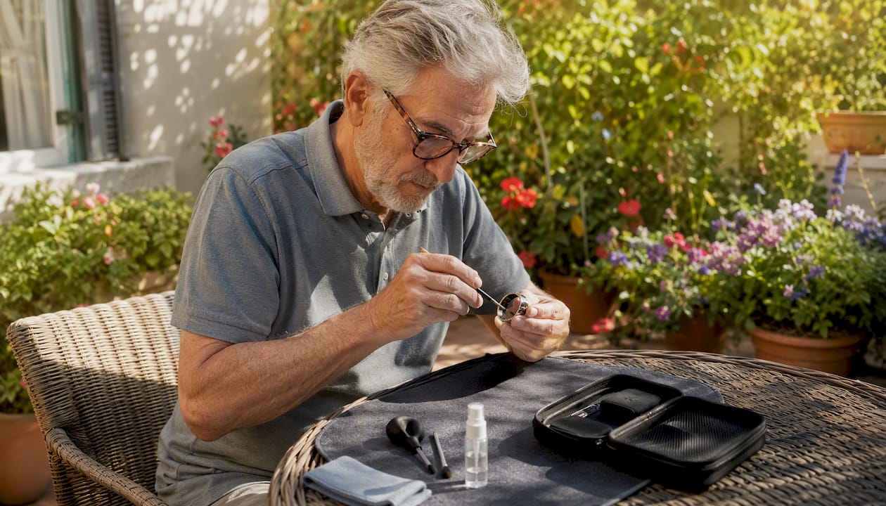 Senior man cleaning nano ring watch at home