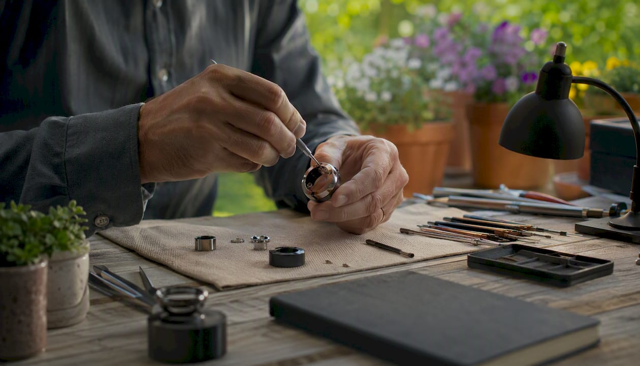 Watchmaker assembling miniature ring watch