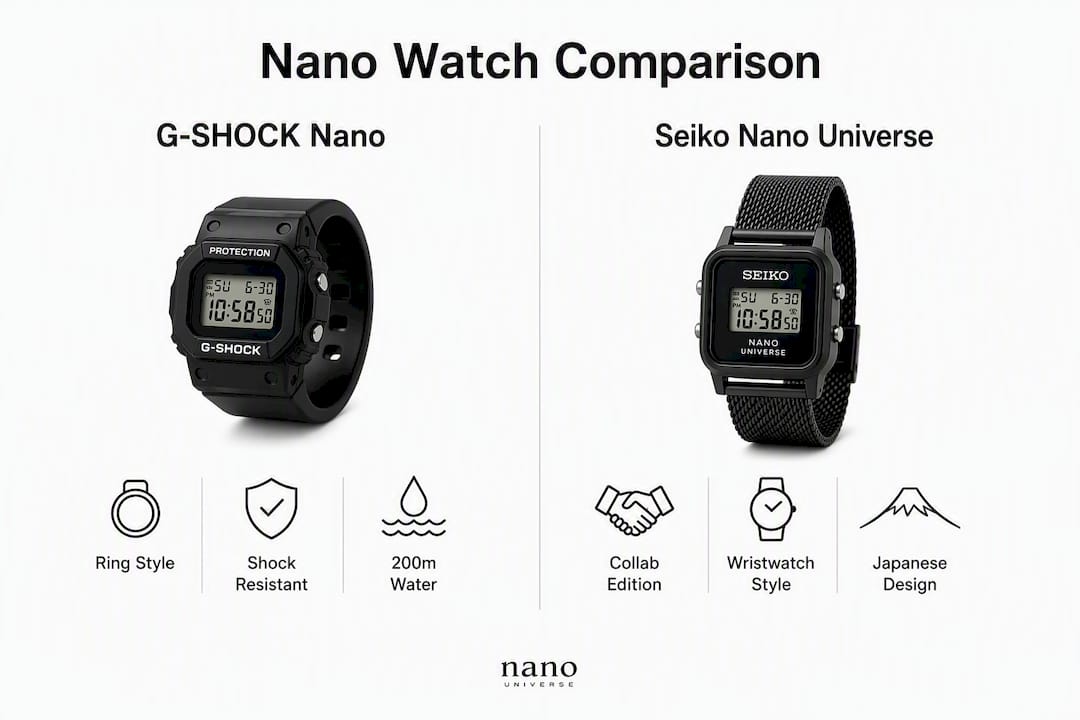 Infographic comparing G-SHOCK and Seiko Nano watches