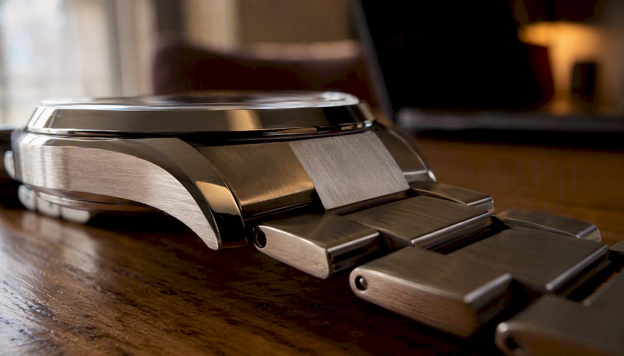 Close-up of watch bracelet brushed and polished surfaces