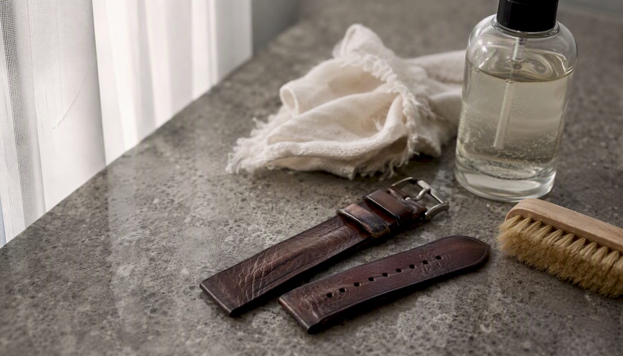 Leather watch strap cleaning setup before conditioning
