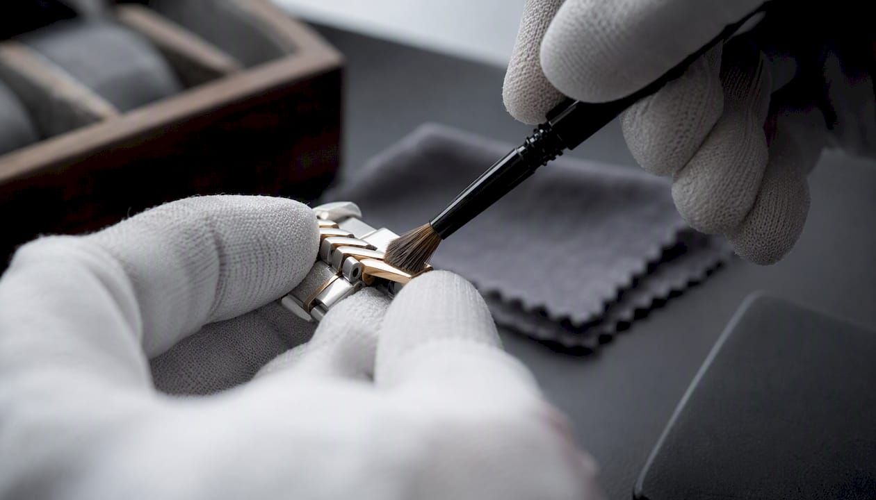 Hand brushing gold edges of two-tone watch