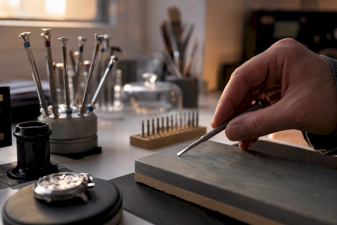 Dressing watch screwdriver blade tip on stone
