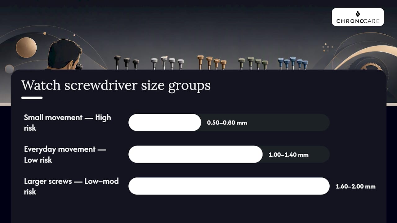 Diagram of watch screwdriver sizes and uses