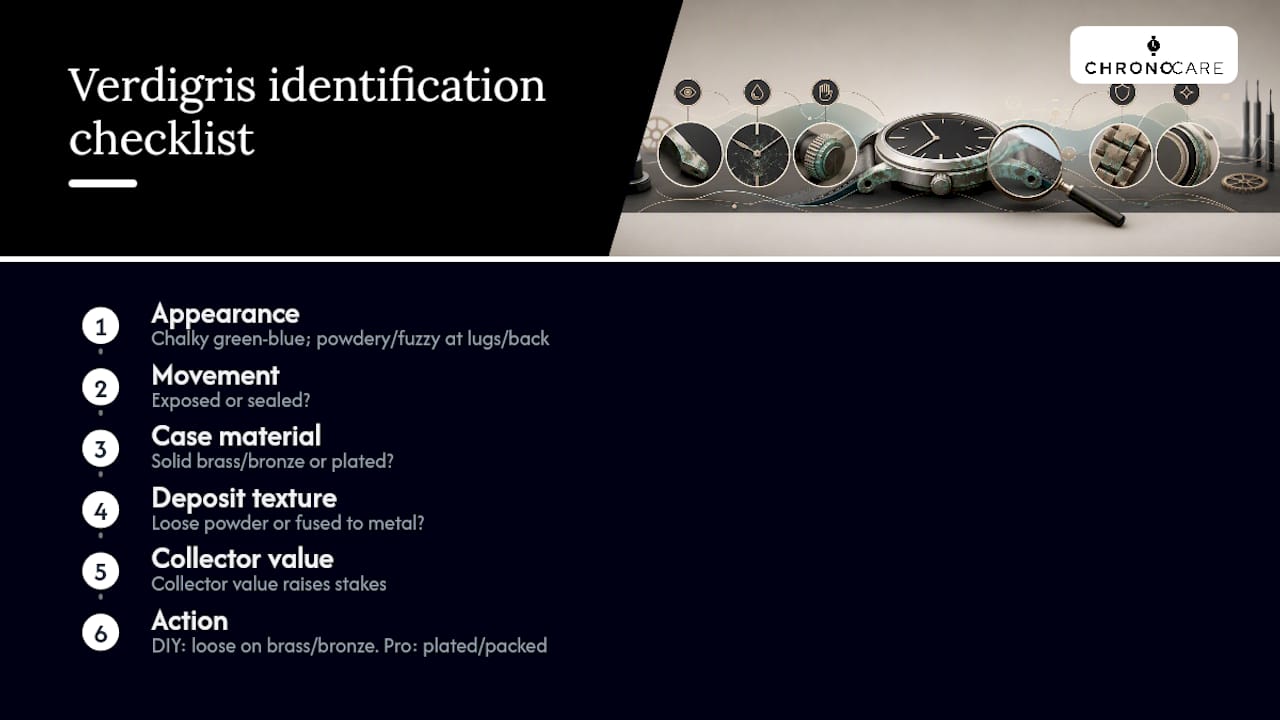 Checklist for identifying verdigris on watches