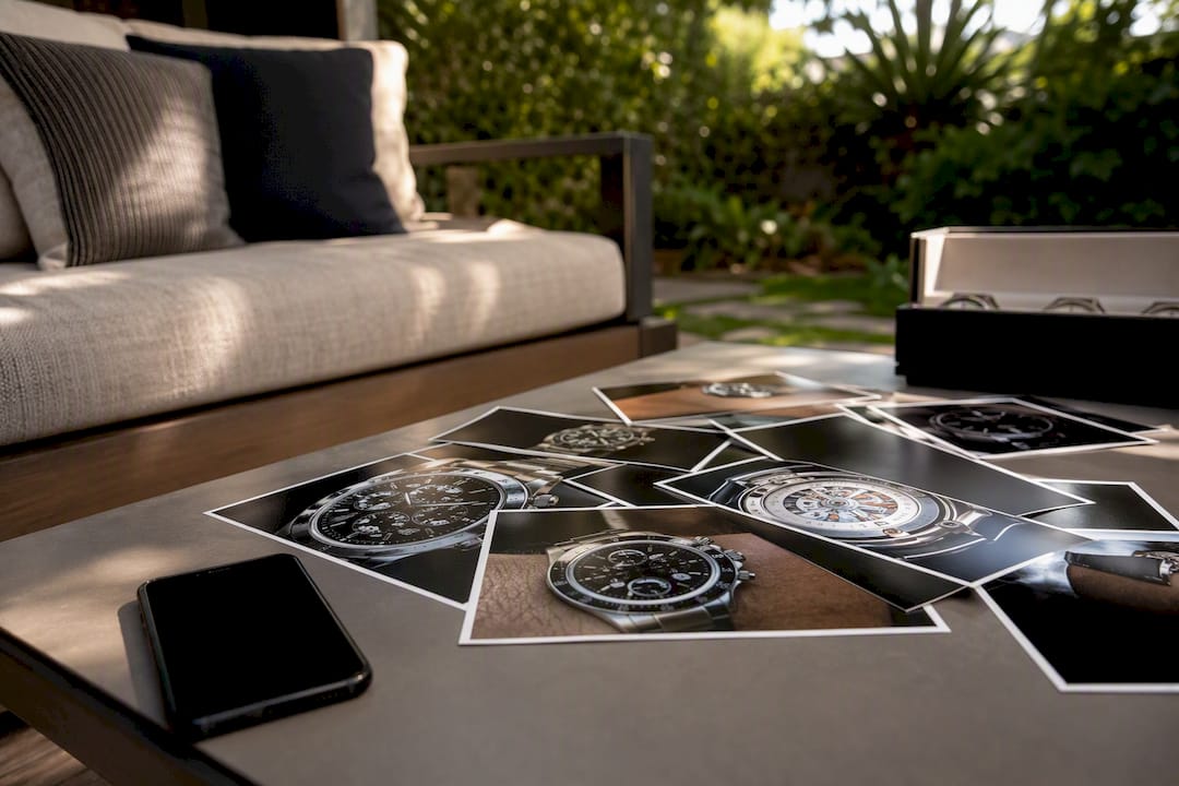 Printed watch photos and tablet on desk