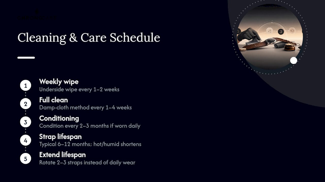 Diagram of leather watch strap cleaning schedule and lifespan