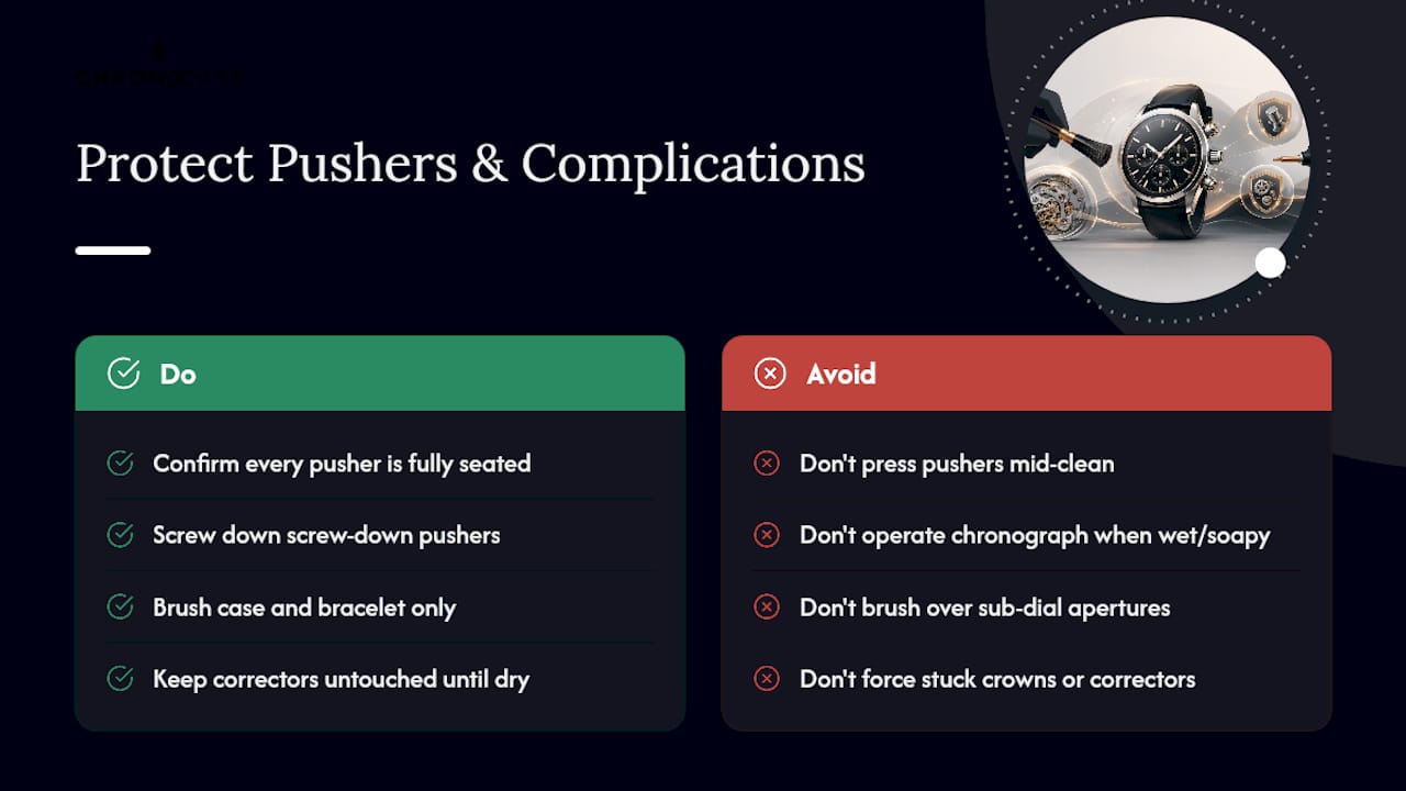 Diagram showing how to protect chronograph pushers during cleaning