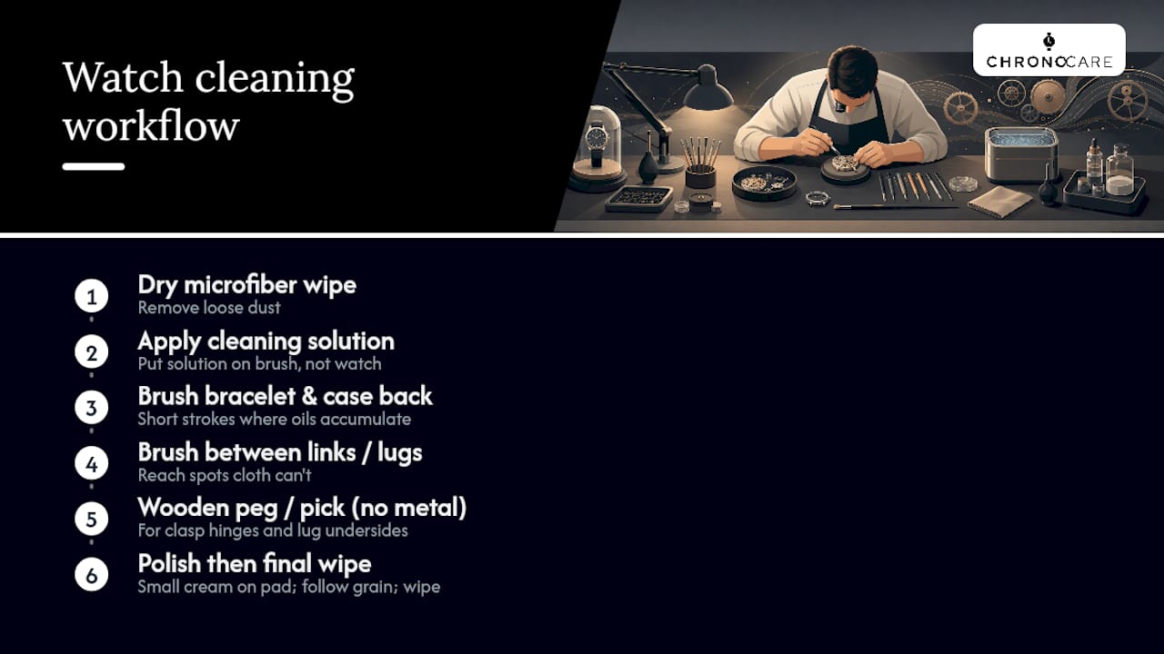 Step-by-step watch cleaning and polishing process diagram
