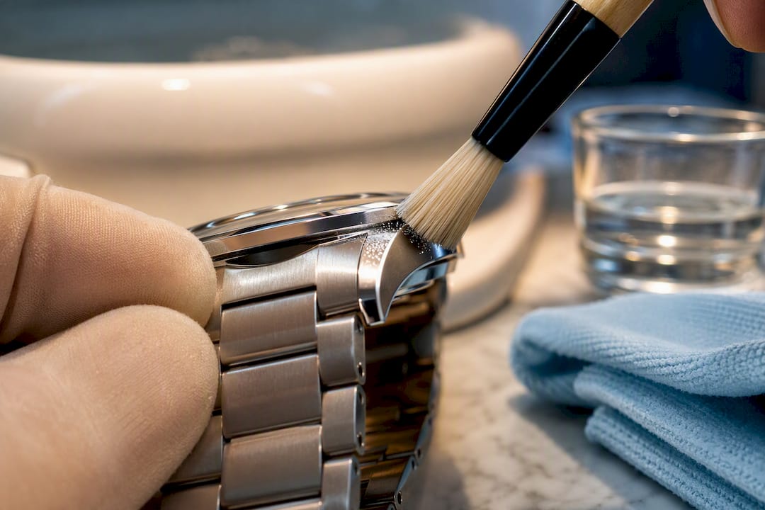 Brush clearing residue from watch lug gap
