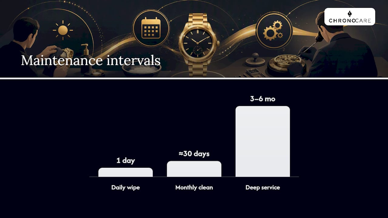 Gold watch care timeline from daily to service