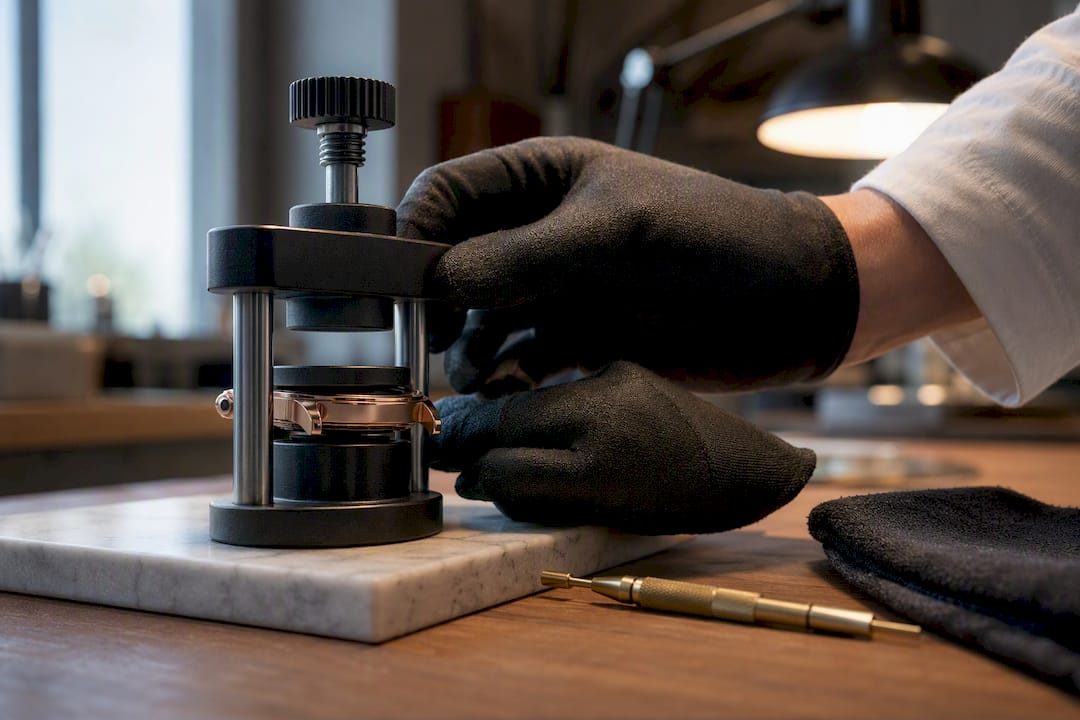 Pressure testing a watch seal at service station