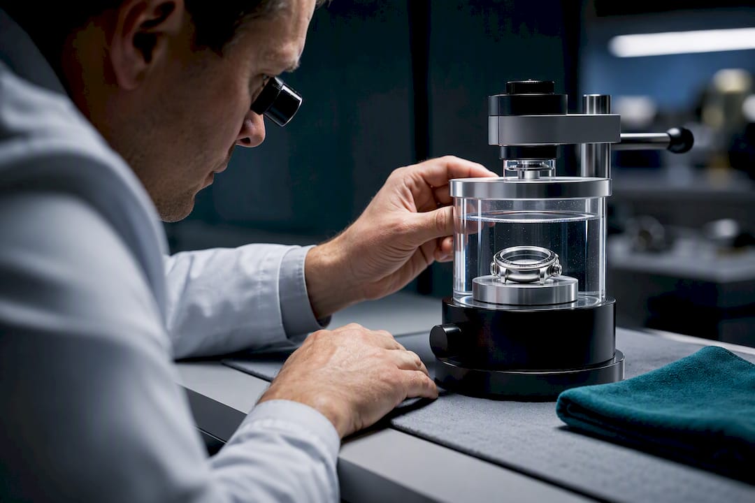Watchmaker performing pressure resistance test