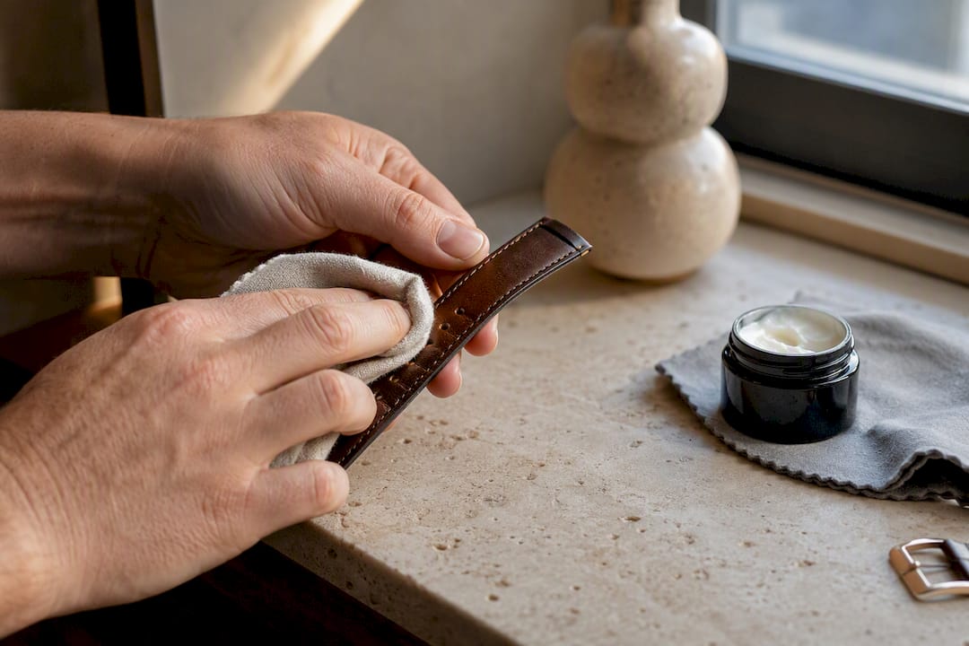 Hands conditioning a leather watch strap