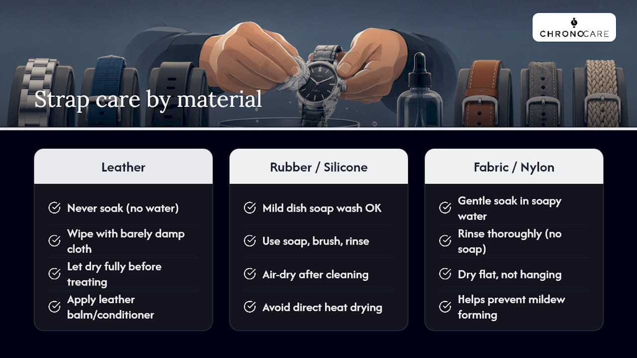 Care comparison for three watch strap materials