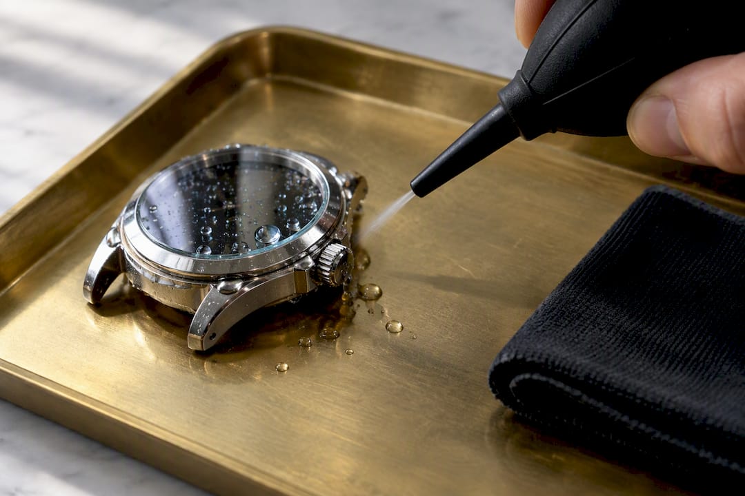 Manual air puffer drying watch crevices