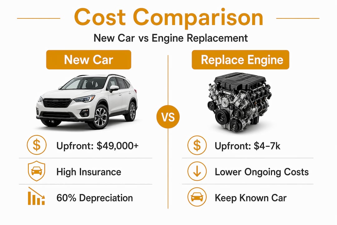 Infographic comparing costs new car and engine replacement