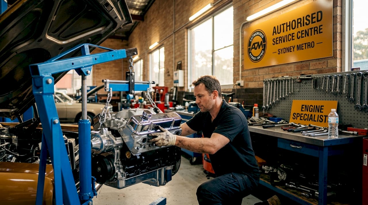 Technician installing crate engine with hoist