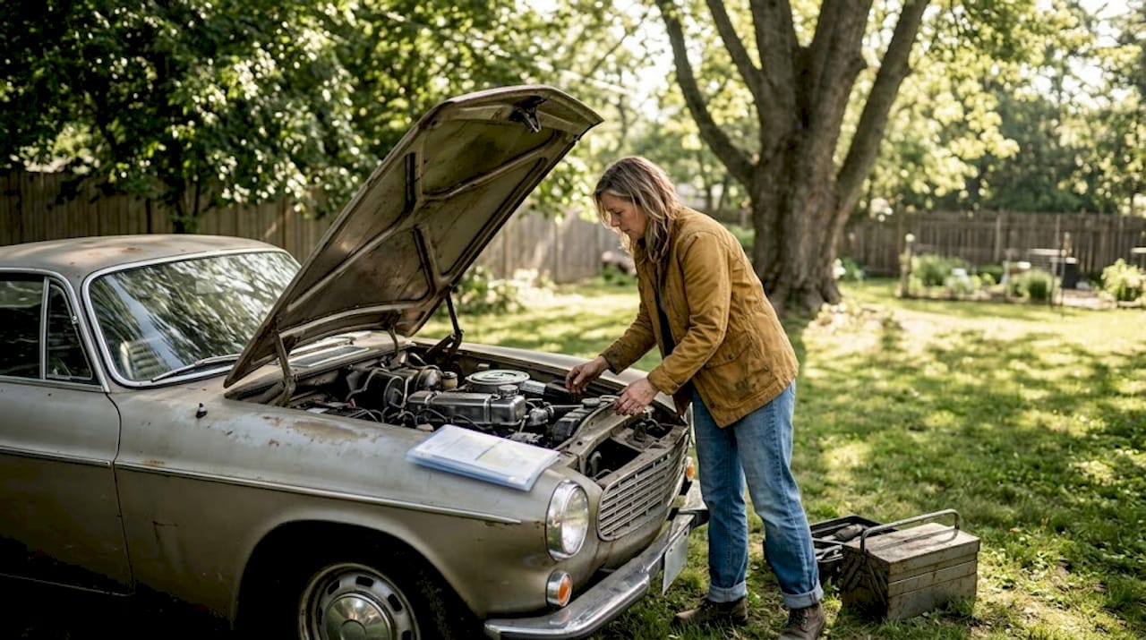 Collector inspecting classic car engine