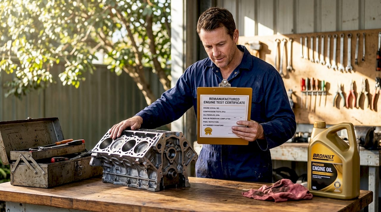Mechanic inspects remanufactured engine for quality