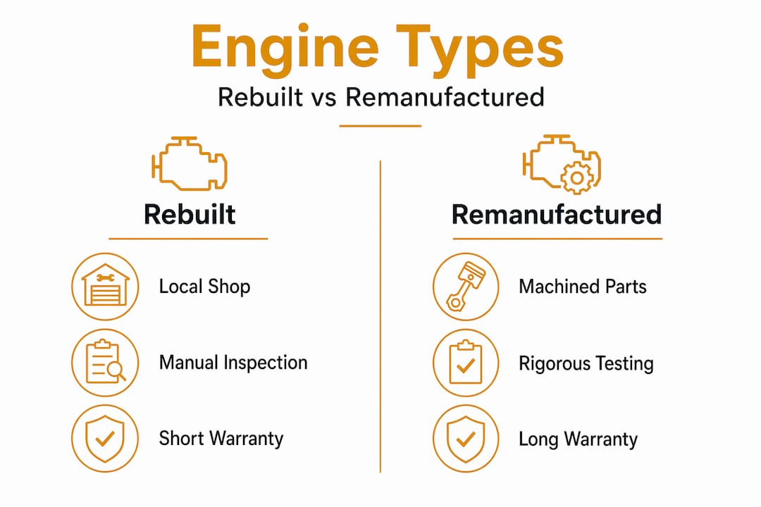 Infographic comparing rebuilt and remanufactured engines