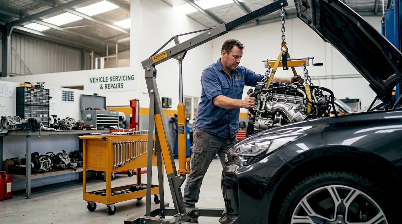 Mechanic installing Kia turbocharged engine