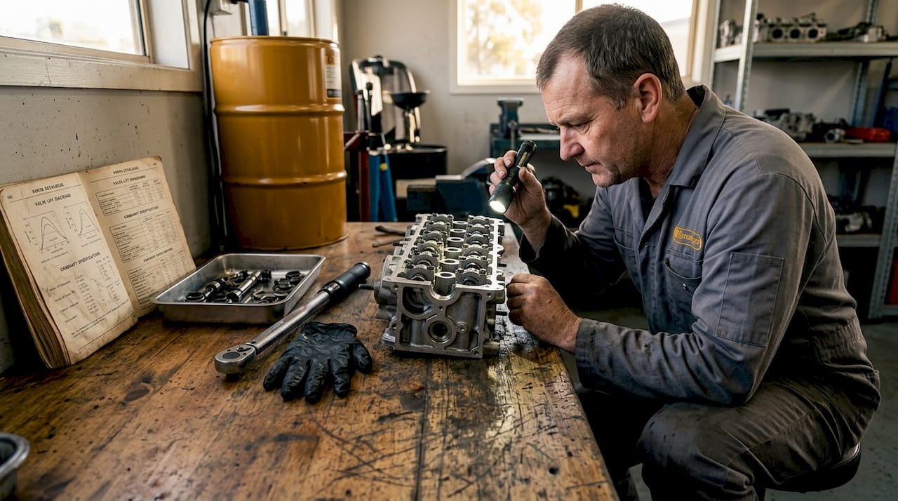 Technician inspects remanufactured engine cylinder head