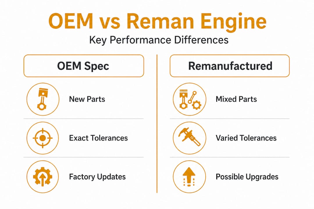 Infographic comparing OEM and remanufactured engines
