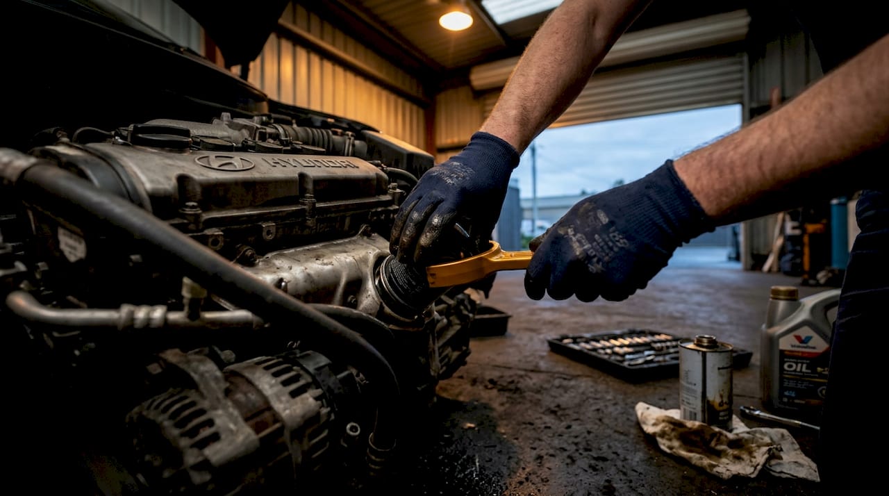 Mechanic changing oil on Hyundai engine in workshop