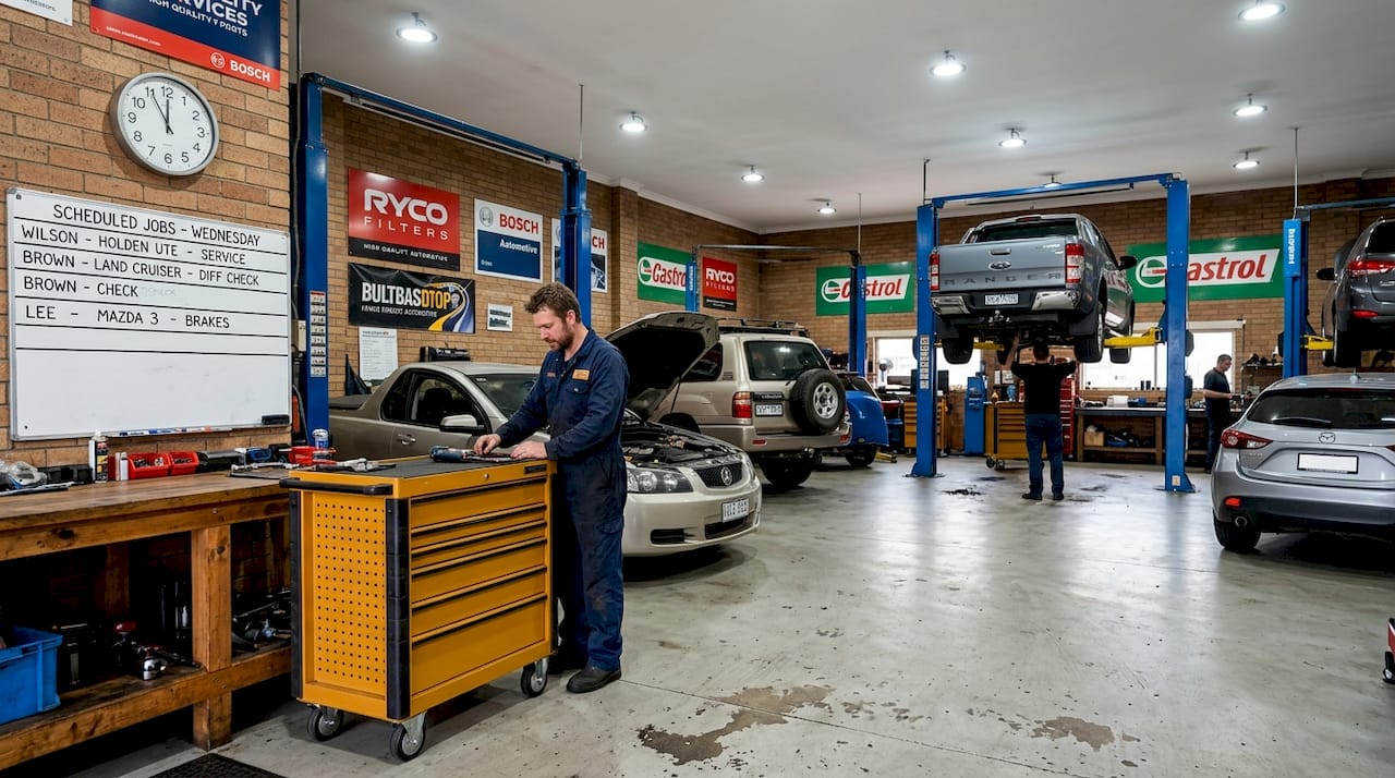 Urban car repair shop busy interior