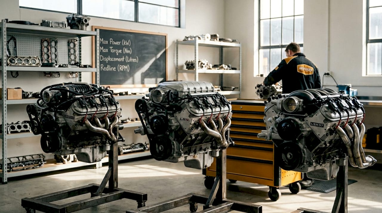 Three crate engine models displayed in workshop