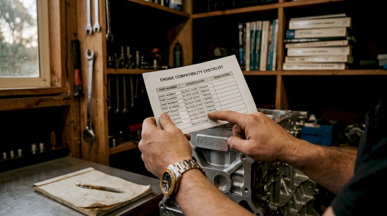 Technician checking engine compatibility codes